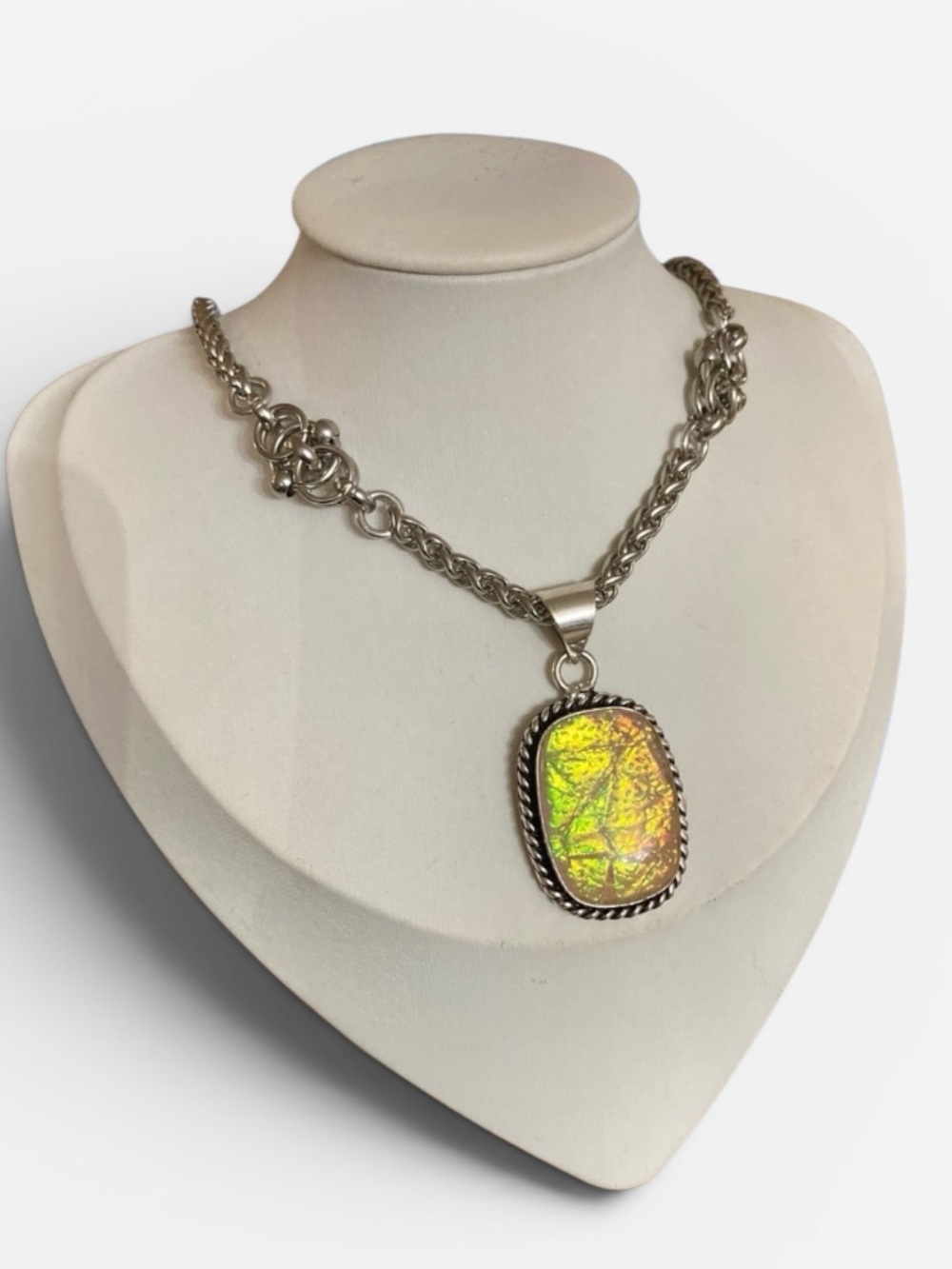 925 Sterling silver overlay man made yellow fire opal glass boho necklace